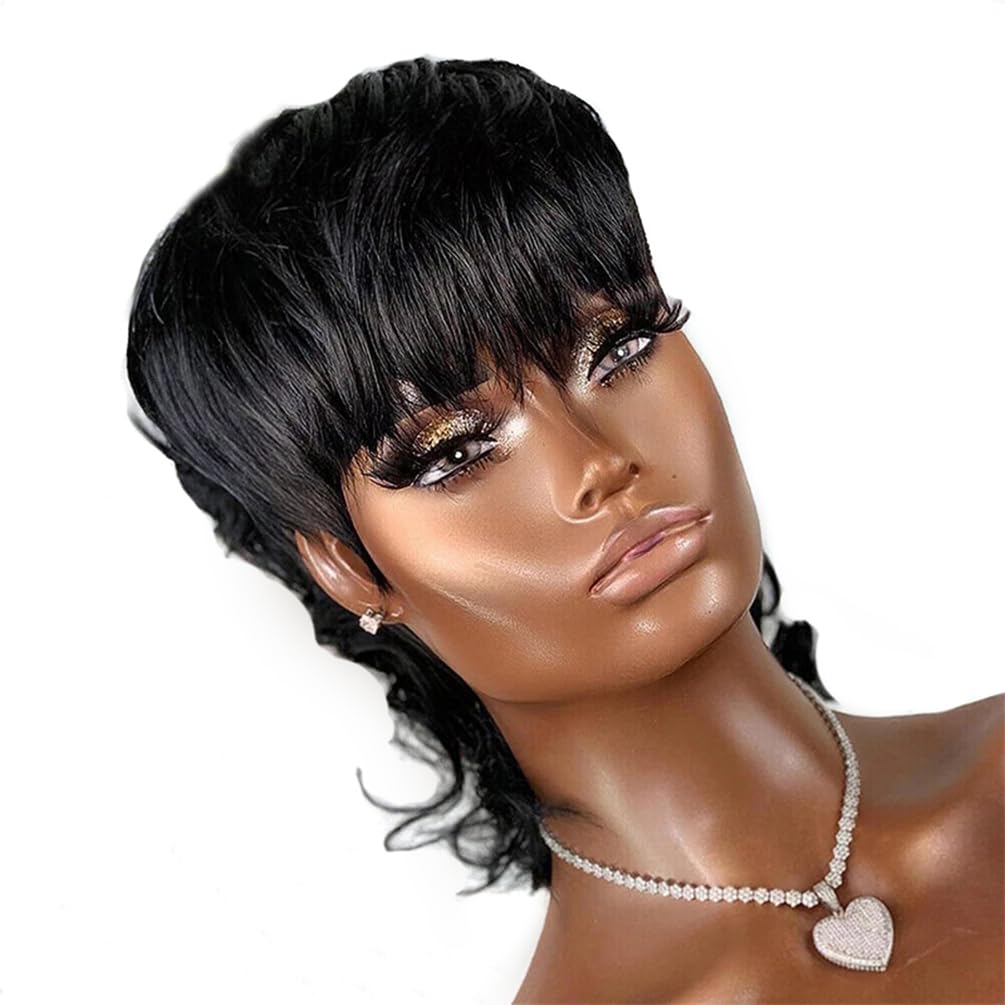 Msviki Mullet Full Machine Made Human Hair Wigs For Women Glueless Pixiecut Curly Wigs With Bangs Body Wave Brazilian 100% Virgin Human Hair Wig Dovetail Wear And Go Human Hair Wigs 180% Density