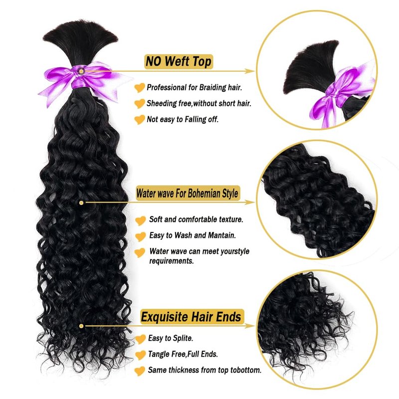 Human Braiding Hair for Boho Knotless Braids Bulk Curly Bundles Human Hair for Micro Braiding Wet and Wavy Water Wave No Weft Human Hair Extension for Box Boho Braids 2 Bundles Natural Color