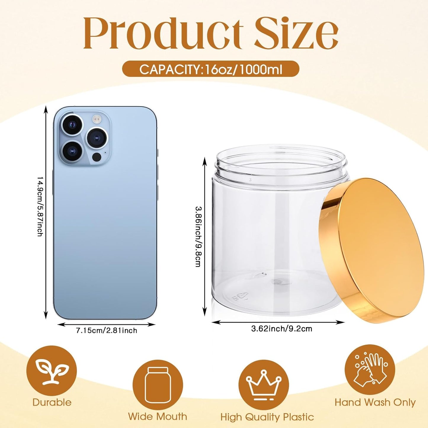 Satinior 16 oz Plastic Container Jars - Clear Travel Cosmetic Storage for Toiletries, Lotion, Cream | 12 Pack, Gold