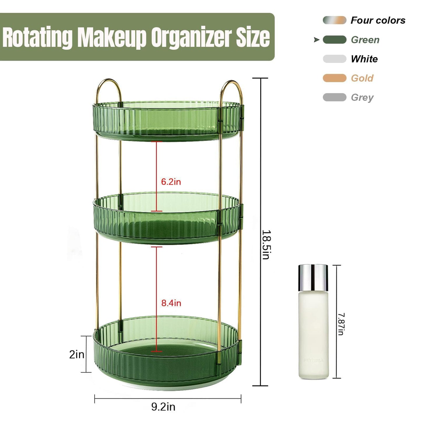 Weidace 360 Rotating Makeup Organizer for Vanity, Bathroom Countertop Spinning Perfume Organizer, High-Capacity Cosmetic and Skincare Dresser Make Up Holder Rack (3 Tiers, Green)
