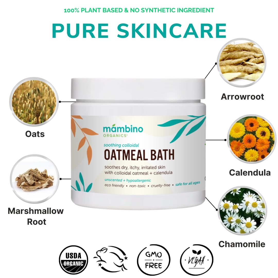Mambino Organics Calming Skin Set, Oatmeal Bath Soak Powder & Soothing Body Oil, Fragrance-Free with Jojoba & Evening Primrose, Gentle for Babies & Adults, Ultra-Sensitive Skin, Vegan, 11 oz