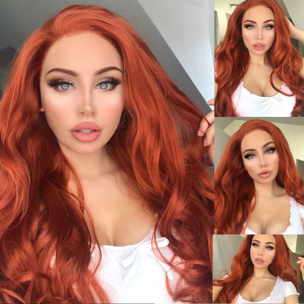 Xiweiya Long Wavy Copper Red Lace Front Wig Glueless Free Part Auburn Color Synthetic Wig for Women, Drag Queen with Heat Resistant Fiber Hair Replacement Wig Cosplay Halloween Wig 24 inch