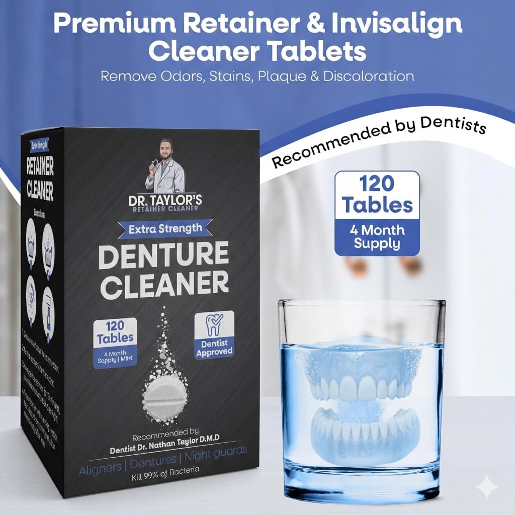 Dr. Taylor’s Denture and Retainer Cleaner Tablets (120 count) Effectively Removes Stains, Plaque, and Odor - Sports guards, Night Guards, Clear Aligners & Dentures Refreshing Mint Flavor