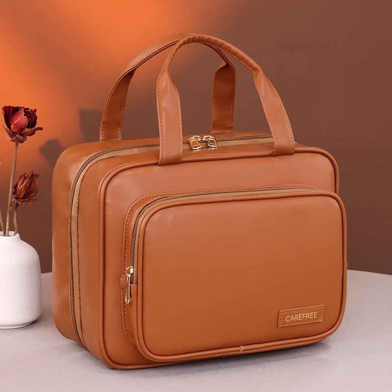 Waterproof Leather Toiletry Bag for Women, Hanging Travel Toiletry Bag with Hanging Hook, Large Travel Makeup Bag Cosmetic Organizer for Toiletries, Bathroom Shower, Makeup Accessories (Brown)