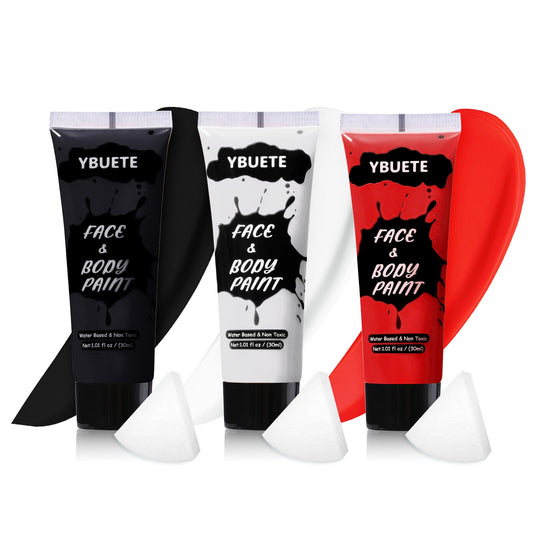 YBUETE 3Pcs Face Body Paint, Professional Paint for Halloween Cosplay Costume Party, Full-coverage Multi-Color Cream Makeup Body Paint for Adult Halloween Cosplay SFX Makeup Paint (White+Black+Red)