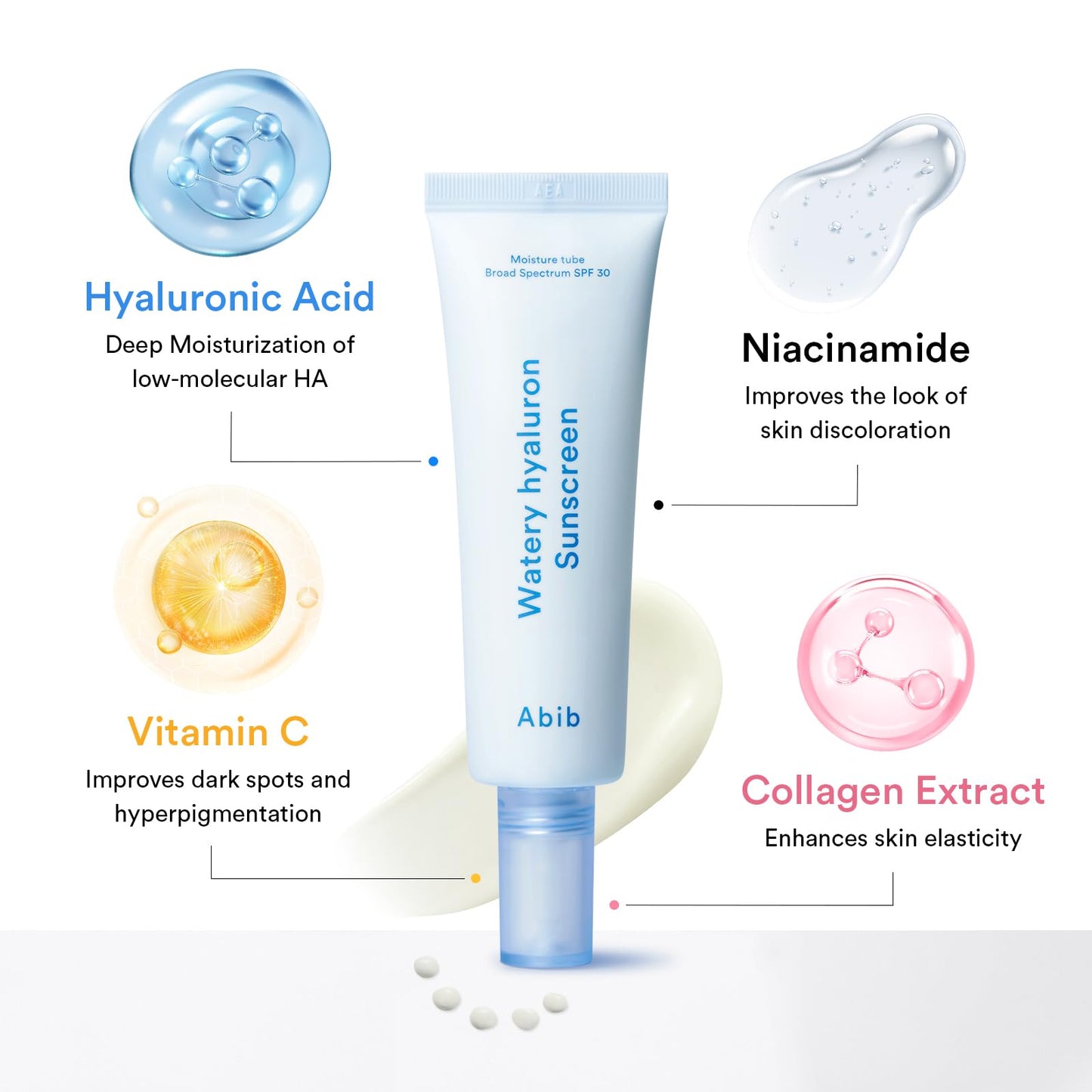 Abib Watery Hyaluron Sunscreen Moisture Tube Broad Spectrum SPF 30 1.69 fl oz / 50ml | Korean Suncreen Suncare Sunblock No White cast Hyaluronic Acid Niacinamide Vitamin C Collagen