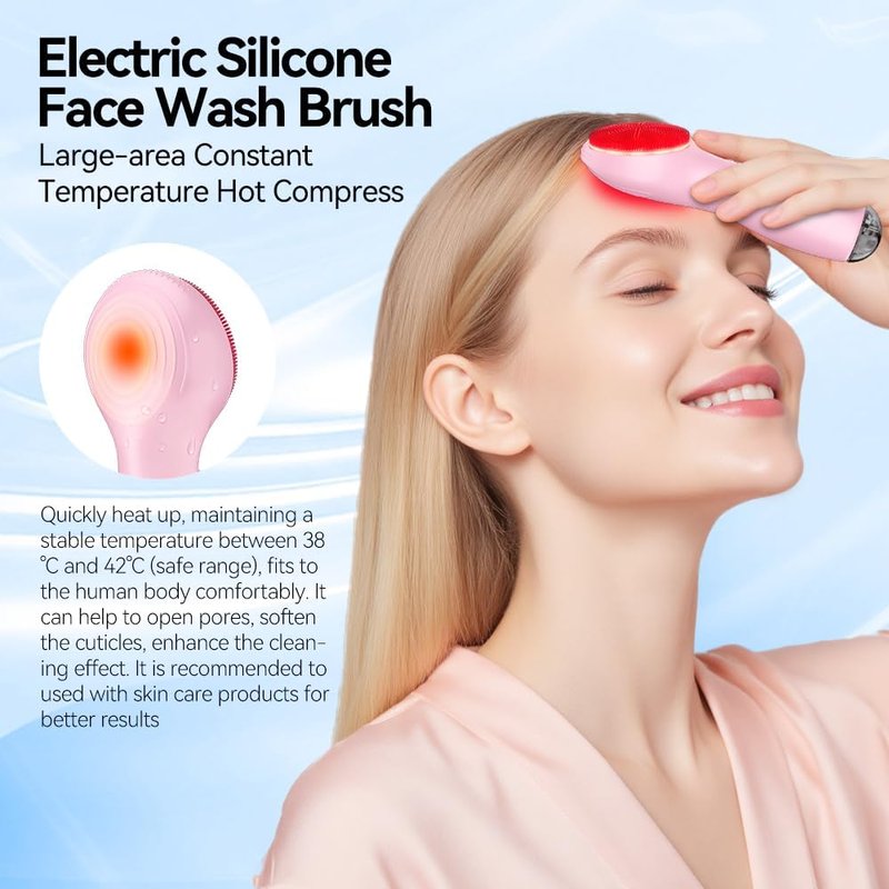 Electric Facial Cleansing Brush - Rechargeable Waterproof Exfoliator with Heat & Vibration | Deep Cleansing & Massage for Men & Women (Pink)