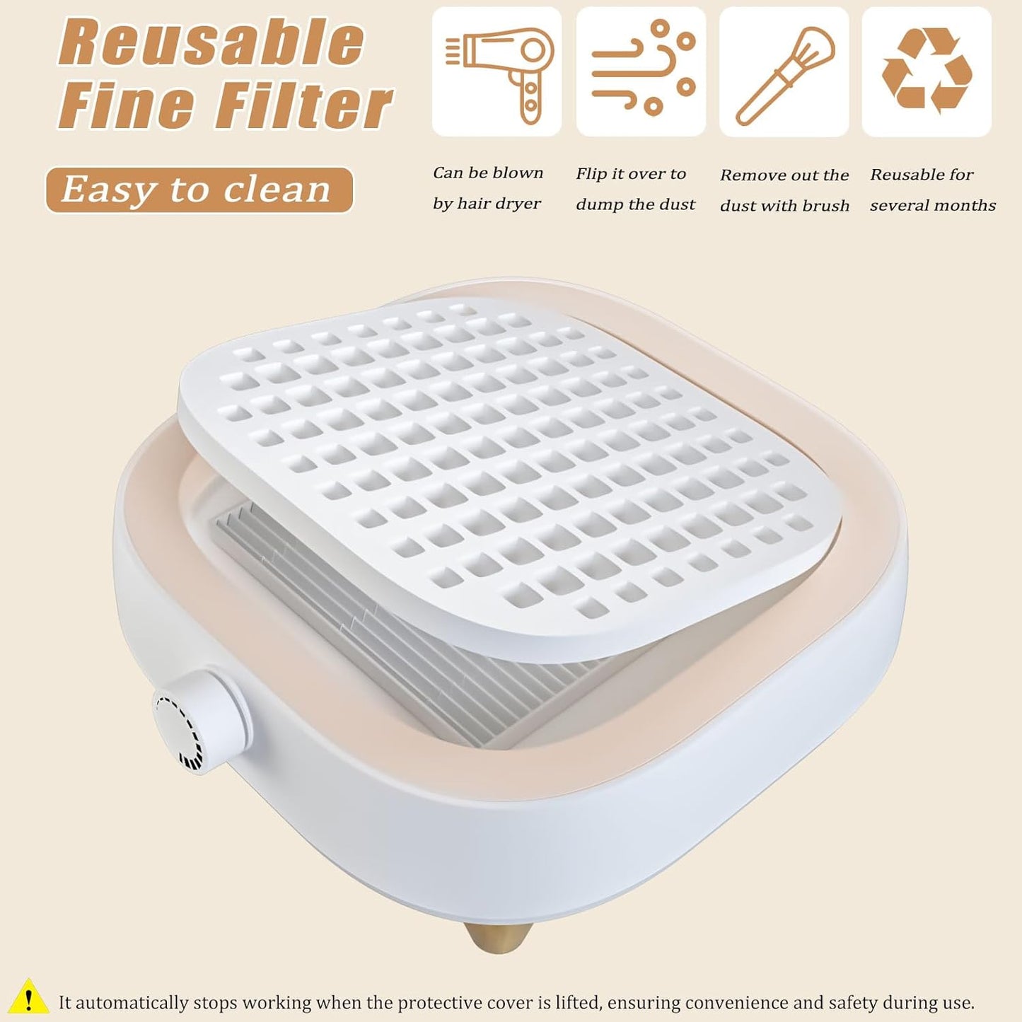 Nail Dust Collector with Reusable Filters - Powerful Vacuum Fan for Acrylic Nails, Salon & Home Use - Milk White