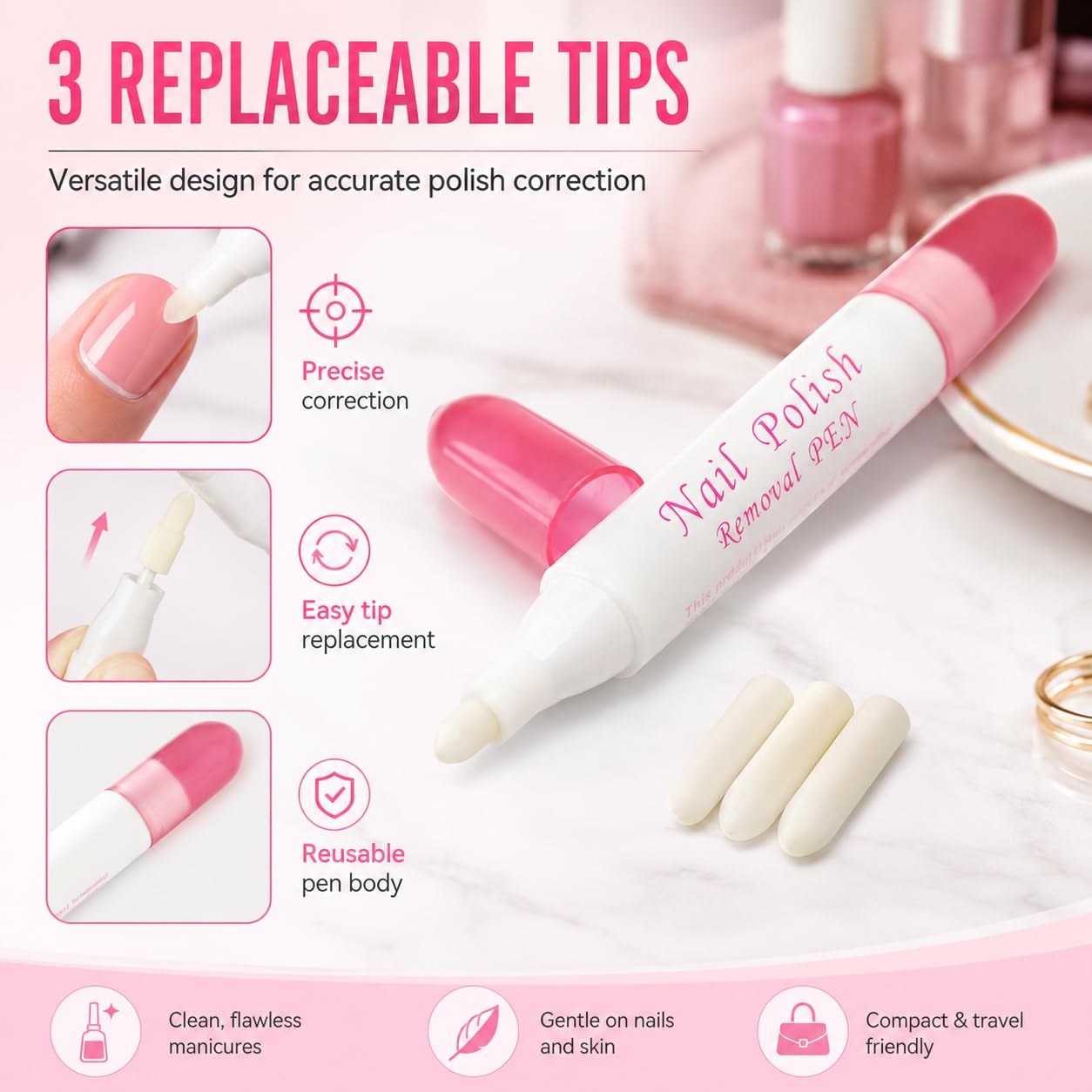 Nail Polish Corrector Pen with 3 Replaceable Tips - Manicure Tool for Quick Nail Art Mistakes Cleanup