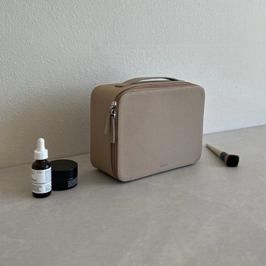 MELINE Leather Makeup Bag with Brush Holder,Travel Cosmetic Case for Women,Large Capacity Waterproof Toiletry Bag with Handle,Stylish and Durable Makeup Organizer (Taupe)