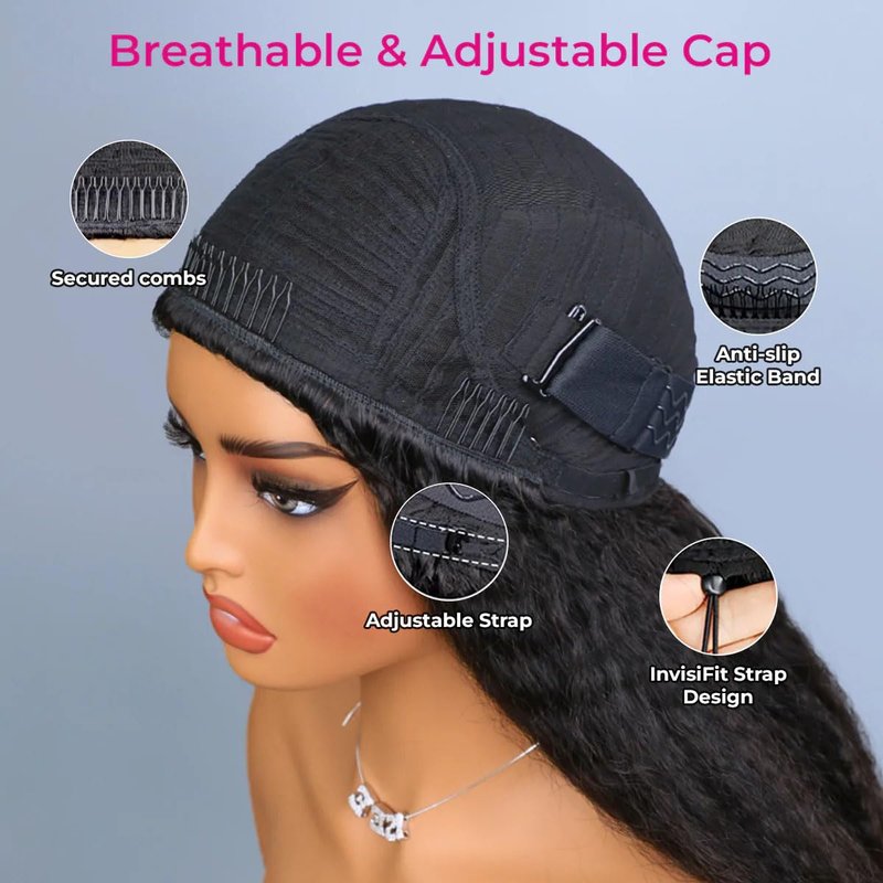Kinky Straight Half Wig - 3 in 1 Seamless Flip Over Glueless Clip-In Hair | 20 Inch Natural Black for Women