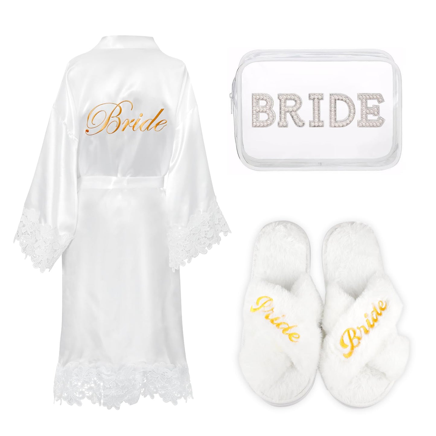 Hazms 3 Pcs Bride Robe for Wedding Day Set with Makeup Bag, Slippers, Lace Trim White Robe -Short Getting Ready Wedding Robes Bridesmaids Bride Gifts