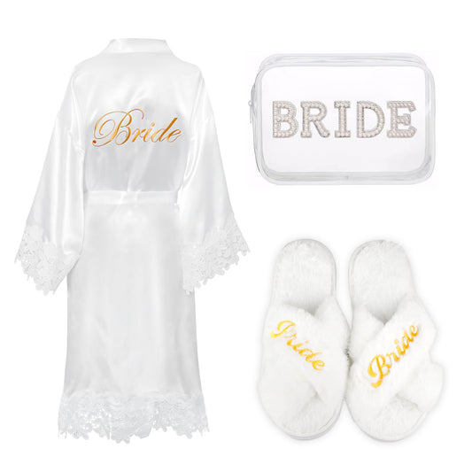 Hazms 3 Pcs Bride Robe for Wedding Day Set with Makeup Bag, Slippers, Lace Trim White Robe -Short Getting Ready Wedding Robes Bridesmaids Bride Gifts