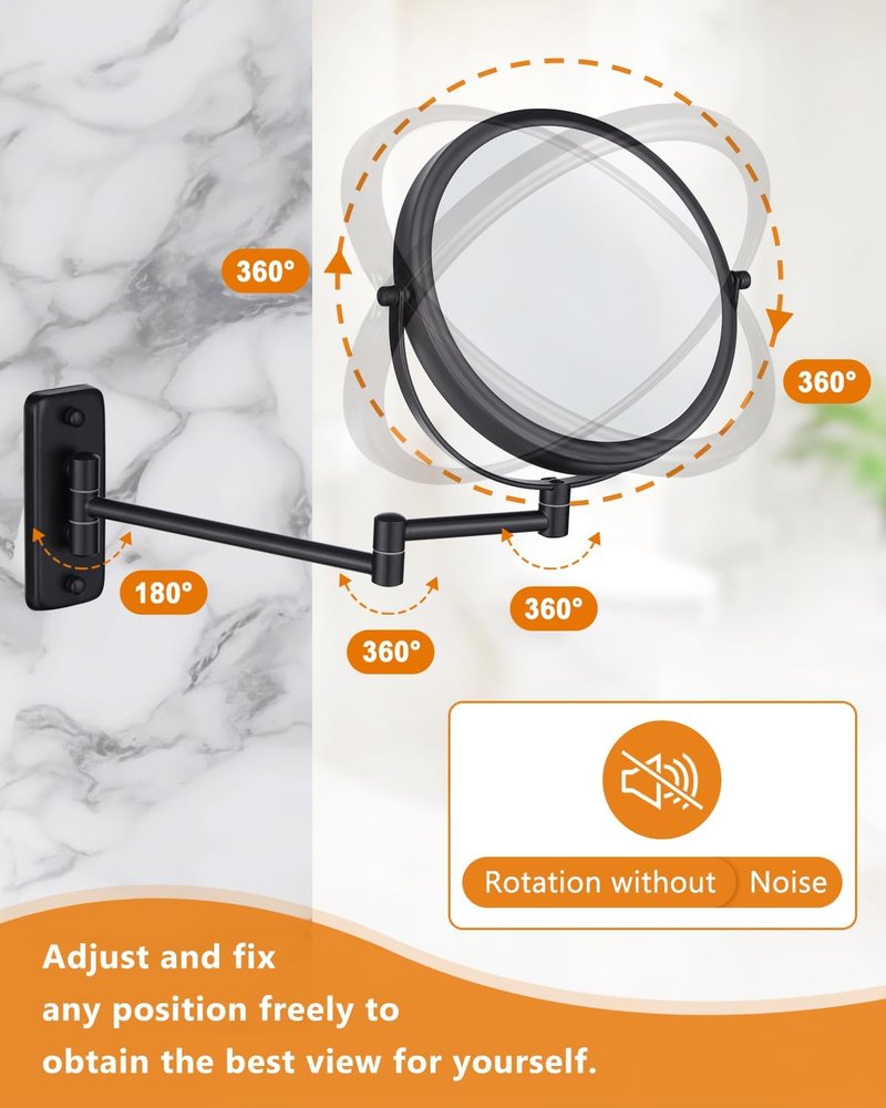 Wall Mounted Makeup Mirror - 8 Inch Double-Sided 1X/10X Magnification | 360° Swivel Extendable for Bathroom, Black