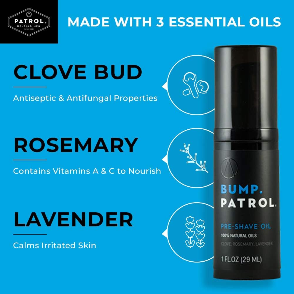Bump Patrol Pre Shave Oil for Men with Natural Essential Oils – Smooth Razor Glide, Face and Head Shaving Prep, Lightweight Travel Size Pre Shave for Men - 1 oz (Pack of 4)