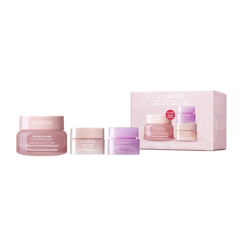 LANEIGE Plump & Hydrate Trio: Bouncy & Firm Travel-Sized Skincare Set with Eye, Face, & Lip Sleeping Masks for Glowing, Firm, & Hydrated Skin