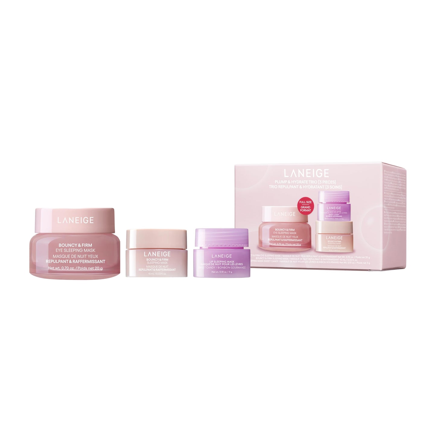 LANEIGE Plump & Hydrate Trio: Bouncy & Firm Travel-Sized Skincare Set with Eye, Face, & Lip Sleeping Masks for Glowing, Firm, & Hydrated Skin