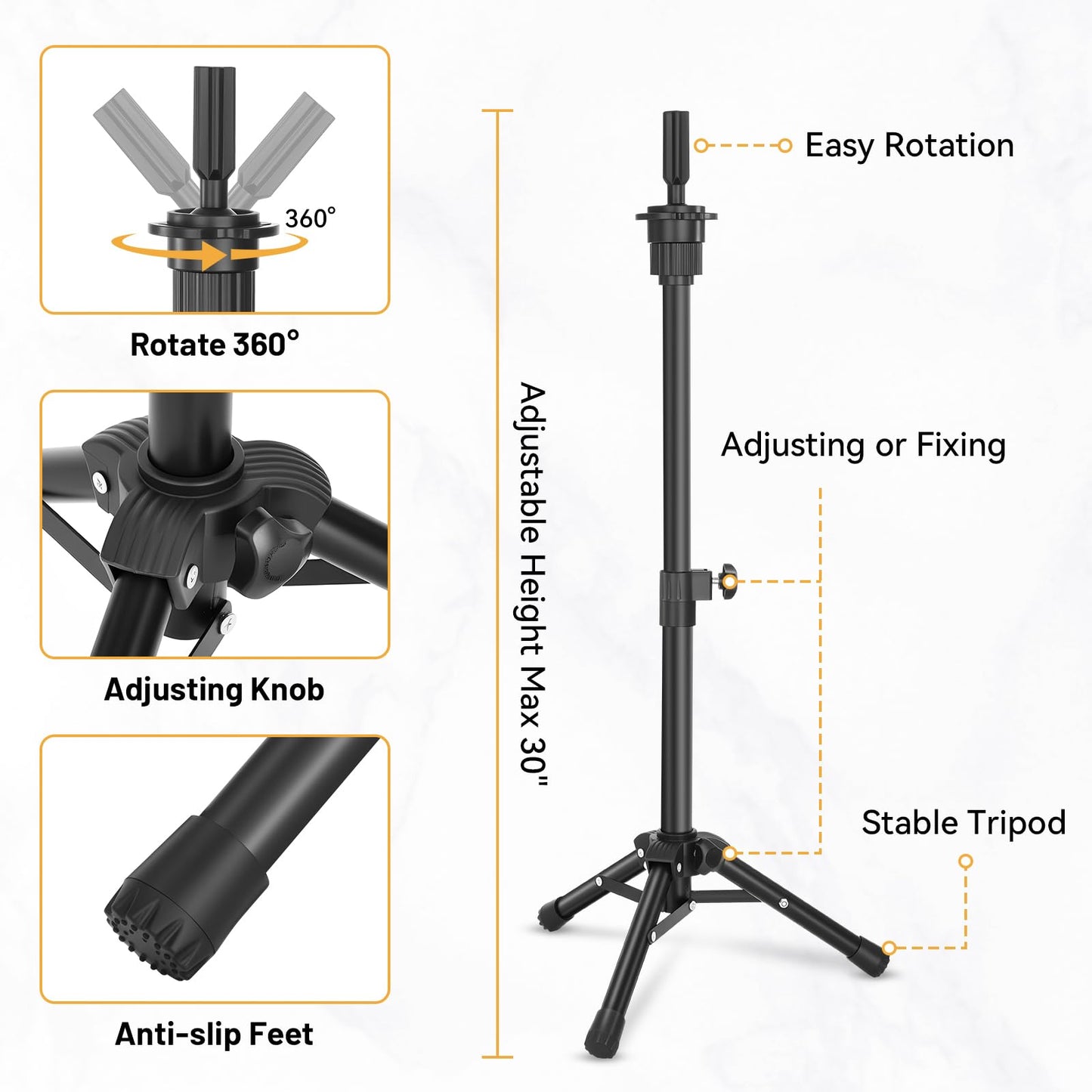 Yekavo Wig Stand with Head 23", Height Adjustable Tripod Stand 30", Wig Head Stand with Canvas Block Mannequin Head, Include Table Clamp Stand, Wig Caps, T Pins for Wigs Styling, Making & Display