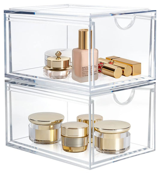 AMEITECH 2 Pack Clear Stackable Storage Drawer, Bathroom Makeup Organizer, Plastic Storage Bins, Acrylic Organization and Storage for Vanity, Kitchen Cabinets, Pantry, Undersink