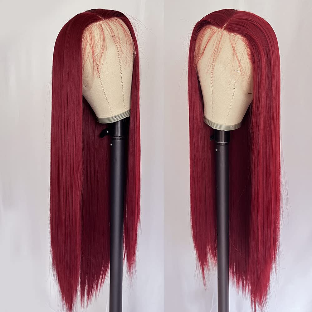 QMSSR Burgundy Red Lace Front Wig Long Straight Synthetic Lace Front Wigs for Women Glueless 13x3 Lace Heat Resistant Fiber Hair Wig Natural Hairline Baby Hair