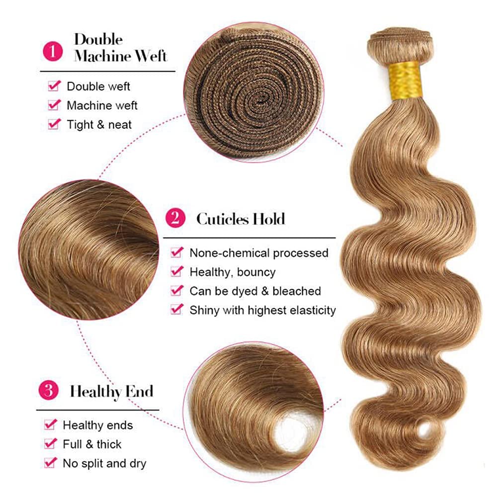 Wahairse Human Hair Bundles 14 16 18 Inch Body Wave 27# Color Human Hair Unprocessed Brazilian Virgin 3 Bundles Quick Weave Human Hair Extensions 300g (27# Body Wave,14 16 18)