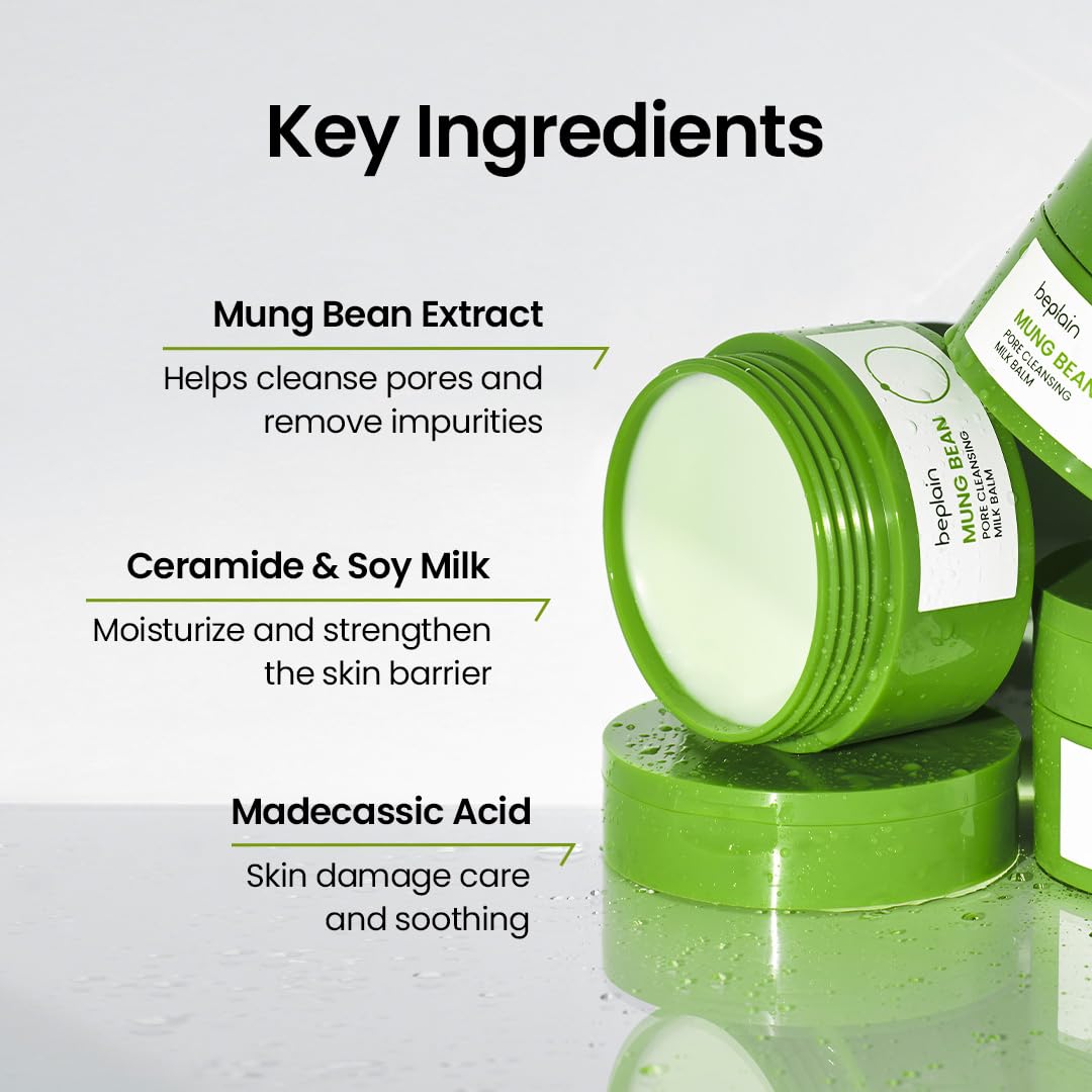 beplain Mung Bean Pore Cleansing Milk Balm | Makeup Remover for Sensitive Skin | Ceramides Cleansing Balm | Non-Greasy Sorbet Texture | Korean Skincare | 3.38 fl.oz