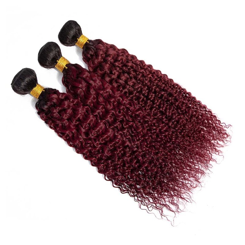 Burgundy Curly Bundles Human Hair Ombre Burgundy Human Hair Bundles 1B99J Bundle 12 14 16 Inch Double Weft Brazilian Virgin Remy Hair Extensions For Women Deals 300G