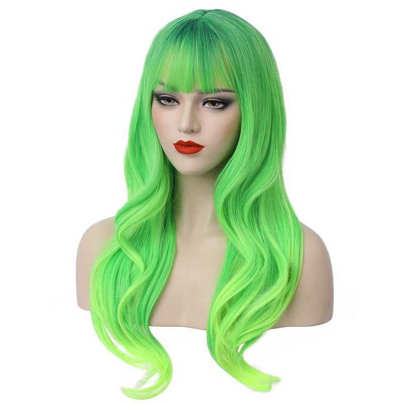 PATTNIUM Long Wavy Wig with Bangs Wig for Women Long Wig Cosplay Wig Heat Resistant Synthetic Wig (Lime Green)