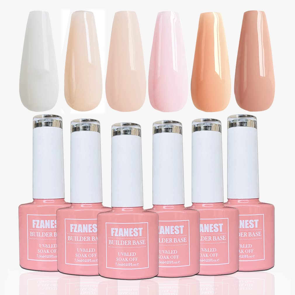 FZANEST Rubber Base Builder Gel Kit - 6pcs Nail Strengthener in Natural Nude Pink | 7.5ml Bottles