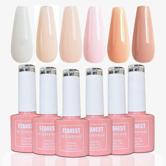 FZANEST Rubber Base Builder Gel Kit - 6pcs Nail Strengthener in Natural Nude Pink | 7.5ml Bottles