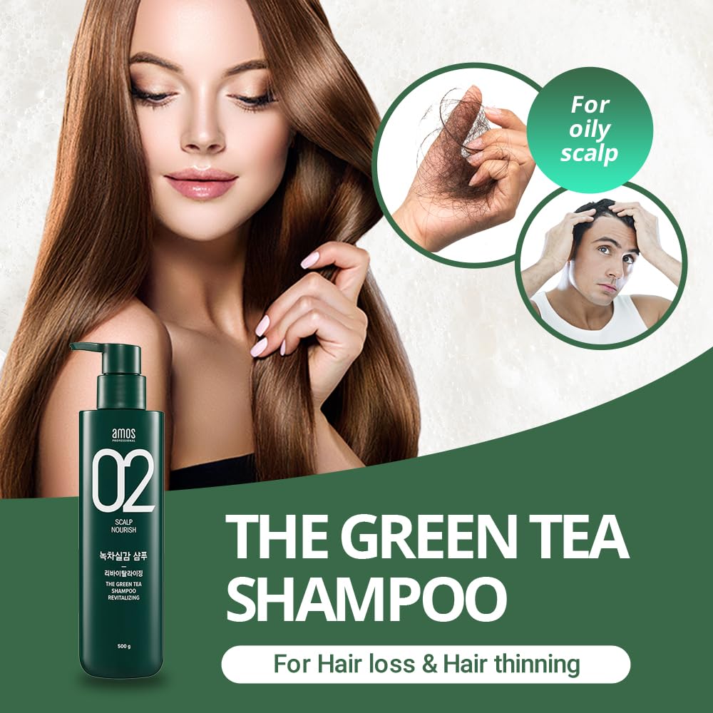 AMOS PROFESSIONAL The Green Tea Shampoo Refresh [For Oily Scalp] 17.6oz (500g) | Anti-Hair Loss Korean Hair Growth Shampoo for Cleanse Excess Sebum