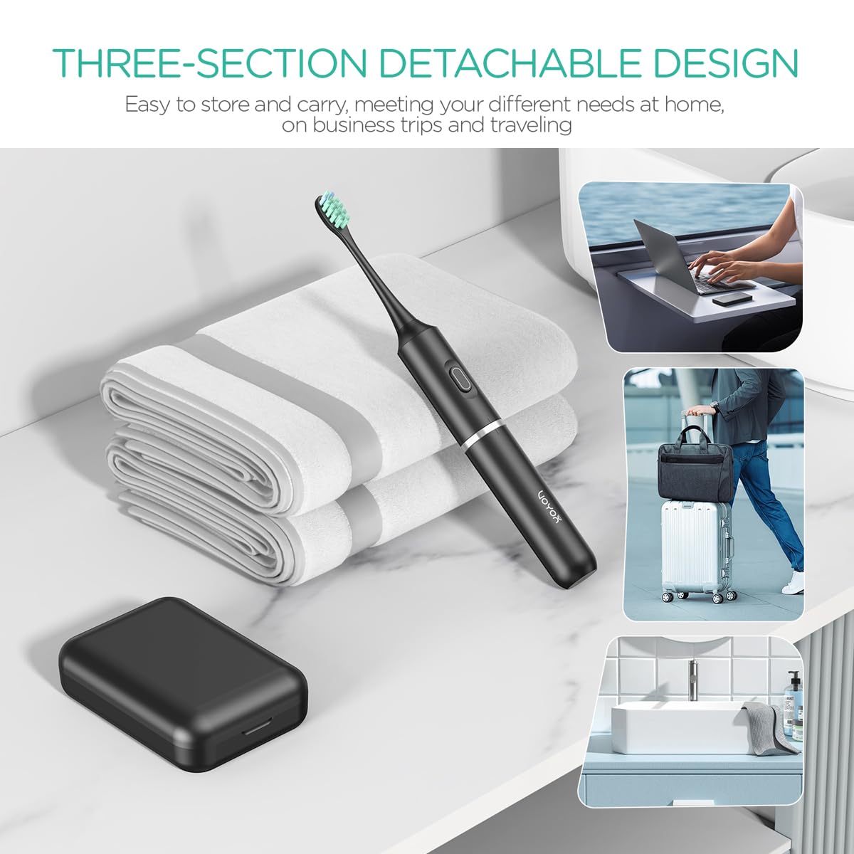 VOYOR-Health Travel Electric Toothbrush, Rechargeable Toothbrushes for Adults, Portable Sonic Toothbrush with 5 Modes, Three-Section Detachable Design with Travel Case ET410 (Black)
