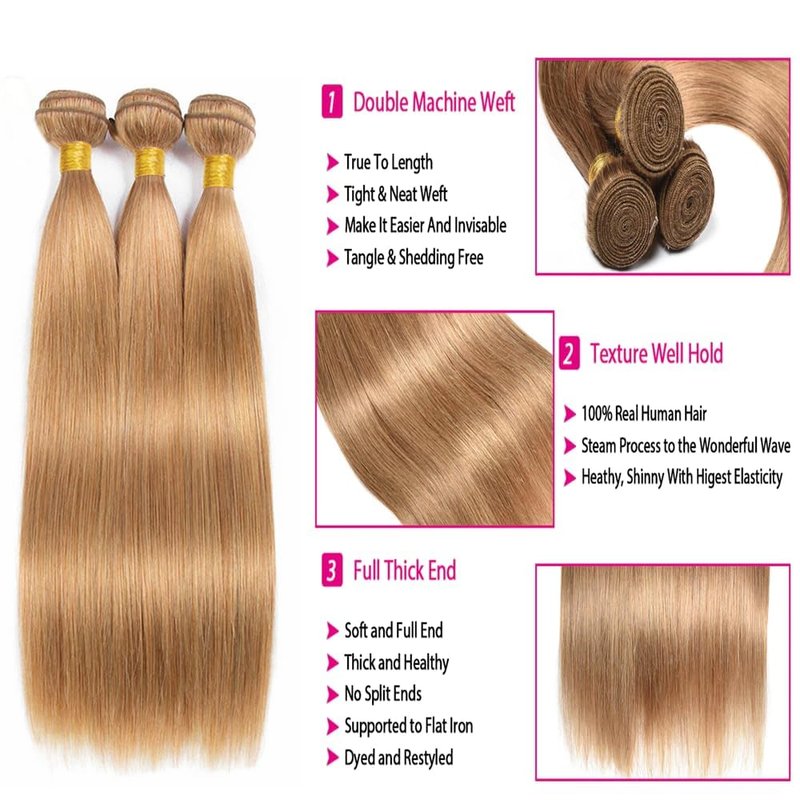 Honey Straight Human Hair Bundles - 100% Brazilian Virgin Extensions | Unprocessed 14-16-18 Inch, 300g