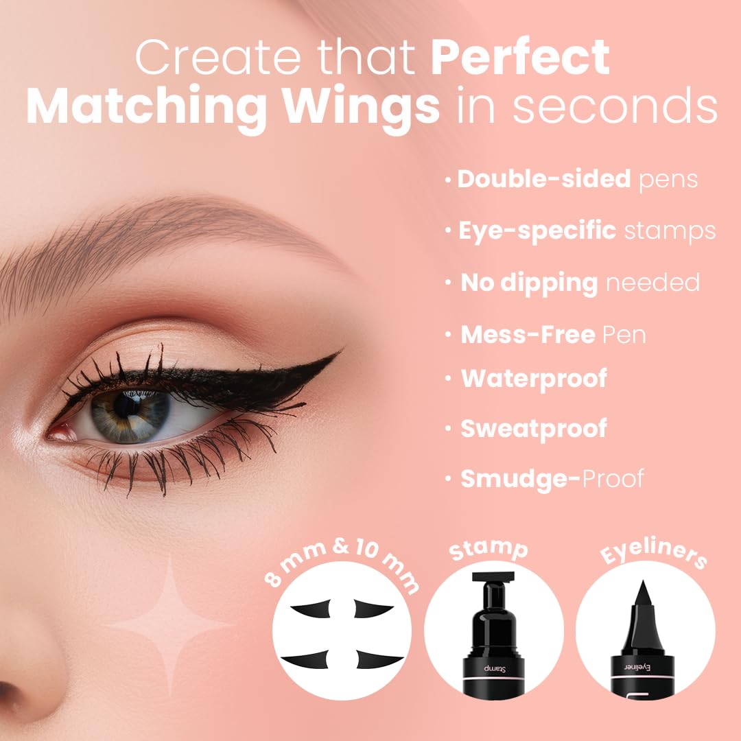 LA PURE Waterproof Liquid Eyeliner Stamp Winged Eyeliner Tool 2x Cat Eye - Winged & Fine Tipped Pen Eyeliner Stencil Smudge Proof Black Eye Liner Tiktok Trend Items Wing Stamp - Black 10mm