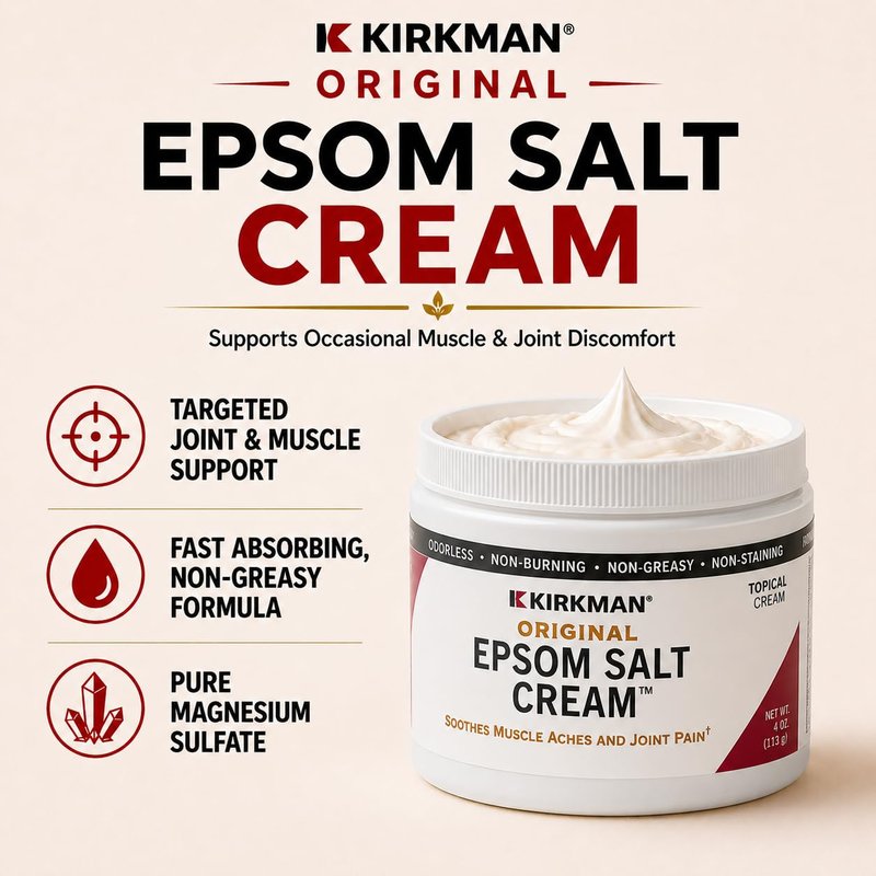 Kirkman – Epsom Salt Cream – 4oz Cream – Gluten Free – Casein Free