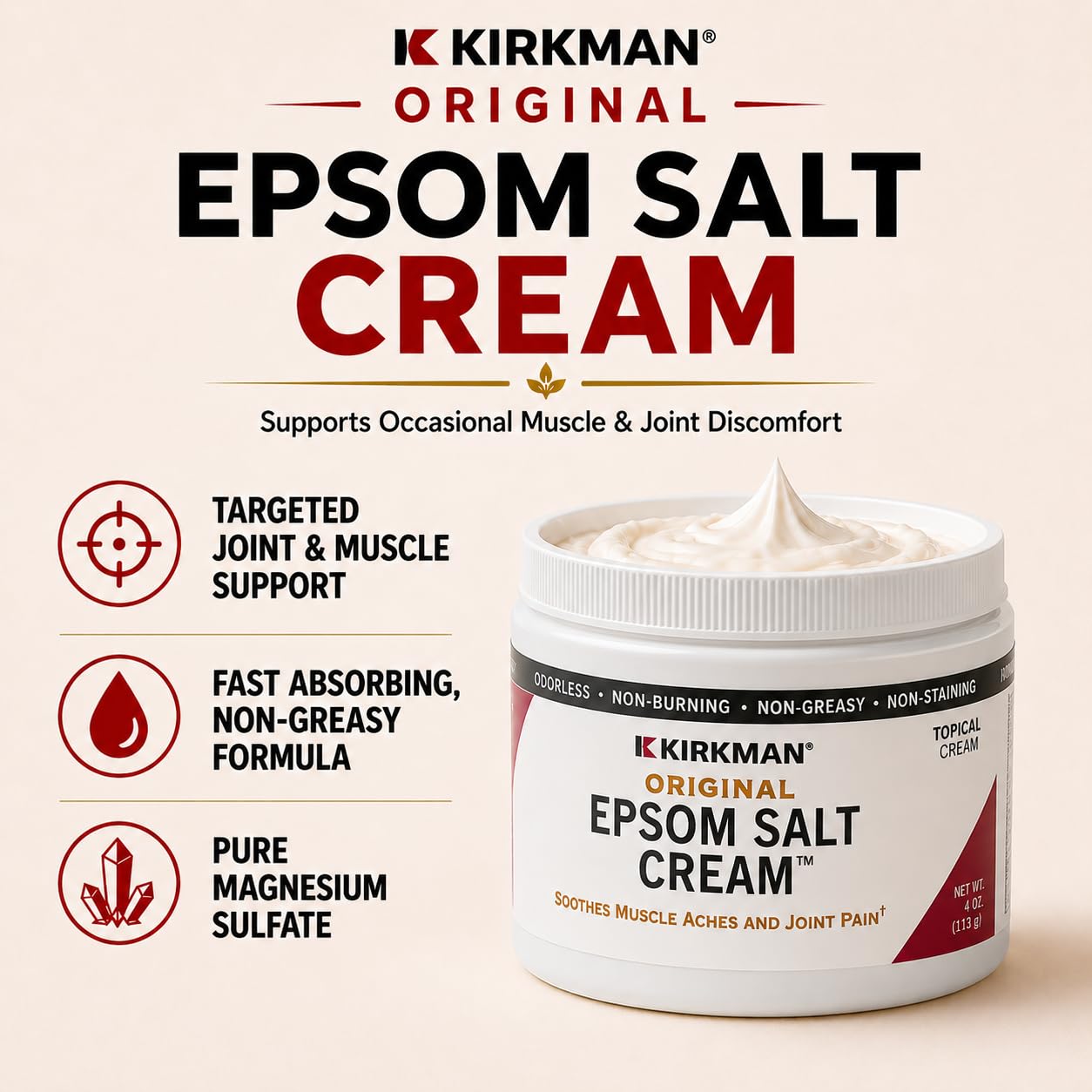 Kirkman – Epsom Salt Cream – 4oz Cream – Gluten Free – Casein Free