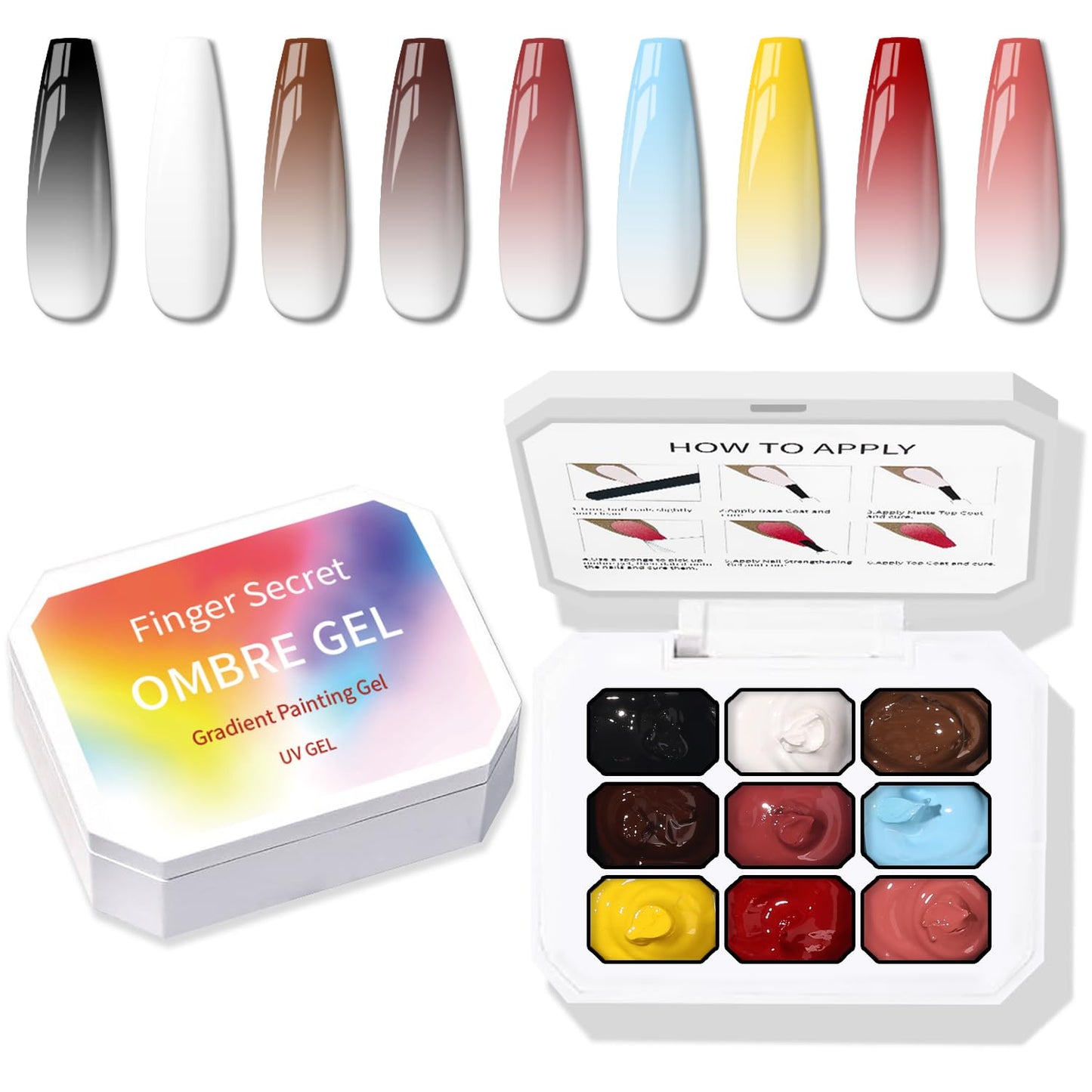 Ombre Nail Gel Set - 9 Colors Sponge Pat Paint for Floral Nail Art, No Wipe, UV/LED Curing