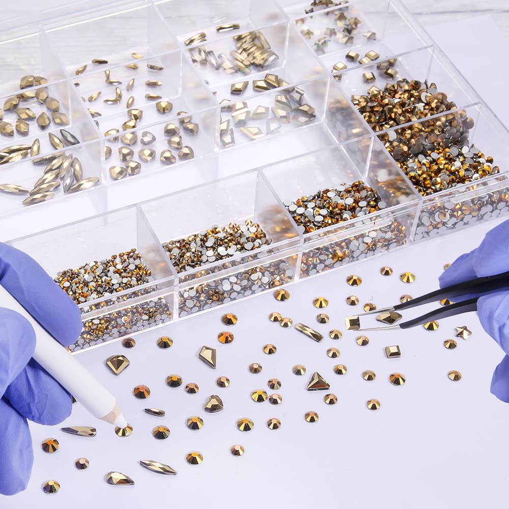 7800Pcs Glass Crystals Rhinestone for Nail Art Crafts,Multi Shapes Nail Gems Flatback Rhinestone,Jewels Diamonds Stone Kit with Picking Pen,1 Tweezers,1 Cleaning Cloth,1 Pair Gloves(Gold)