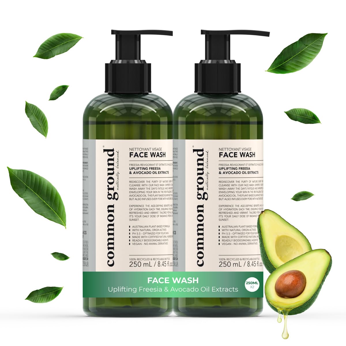COMMON GROUND Natural Face Cleanser Wash, Paraben & Cruelty Free, Normal, Oily, Dry, Sensitive, Vegan, Plant-Based, pH 5.5, Avocado Oil, Men, Women, All, 8.4 Fl Oz (2 Pack)