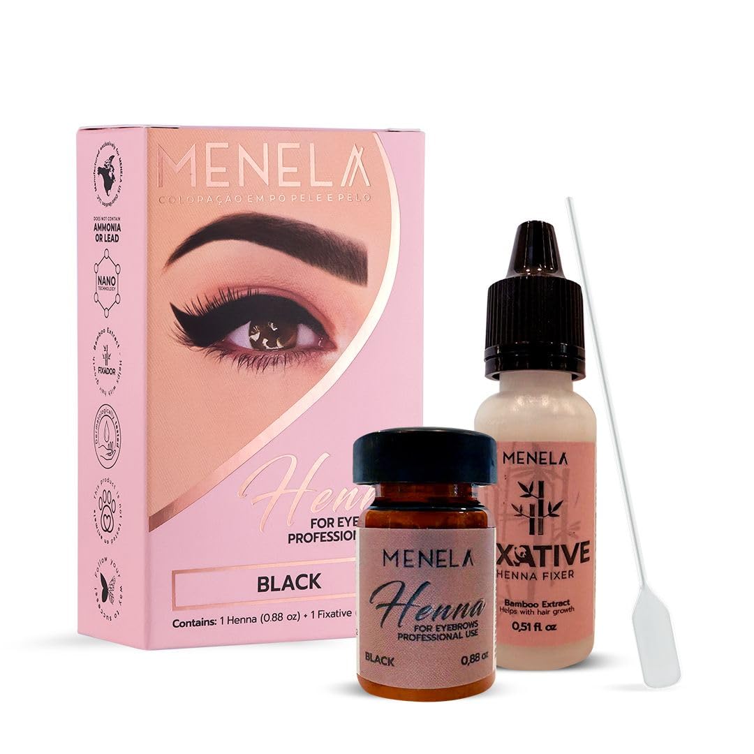 MENELA Eyebrow Henna Tint Kit - Black - Brow Color with Bamboo Extract - Natural Look, Easy Application - 2.5g Henna + 15ml Fixer - Ammonia-Free, Vegan (Black)