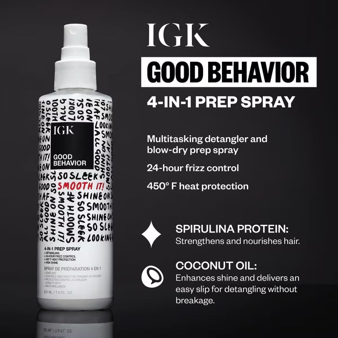 IGK GOOD BEHAVIOR 4-in-1 Prep Spray | Full + Travel Size | Gently Detangles, Controls Frizz for 24 Hours, Heat Protection & Shine | Weightless Formula for Smooth Hair