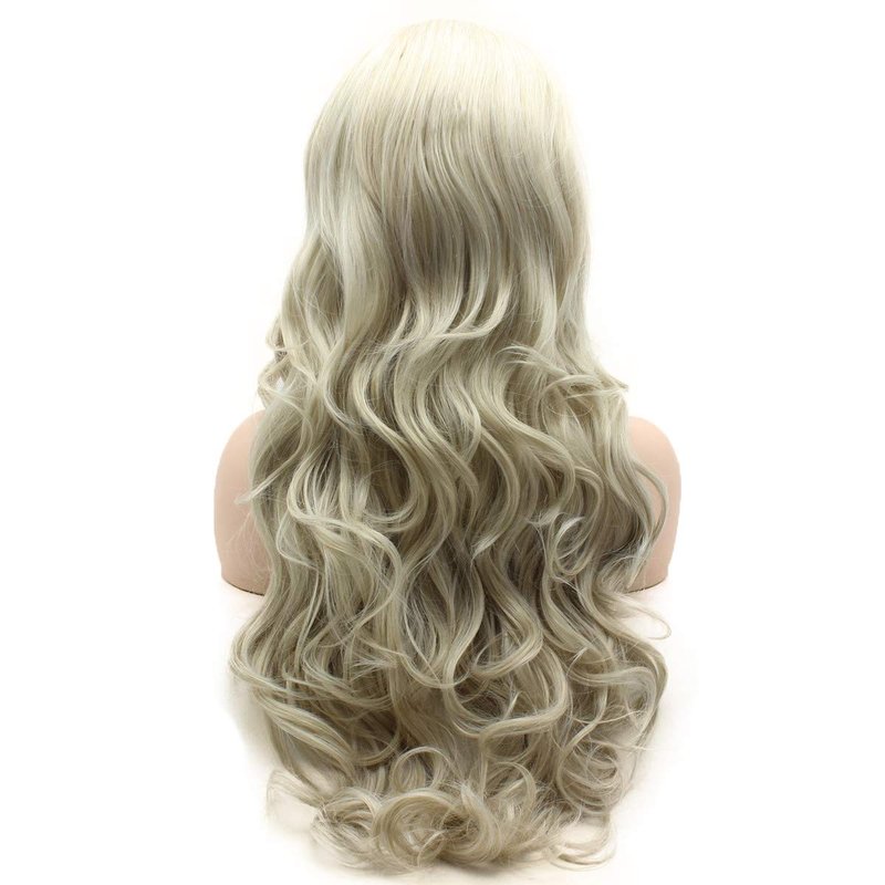 Meiyite Hair Wavy Long 26inch Two Tone White Blonde Mix Heat Resistant Heavy Density Realistic Synthetic Lace Front Wig