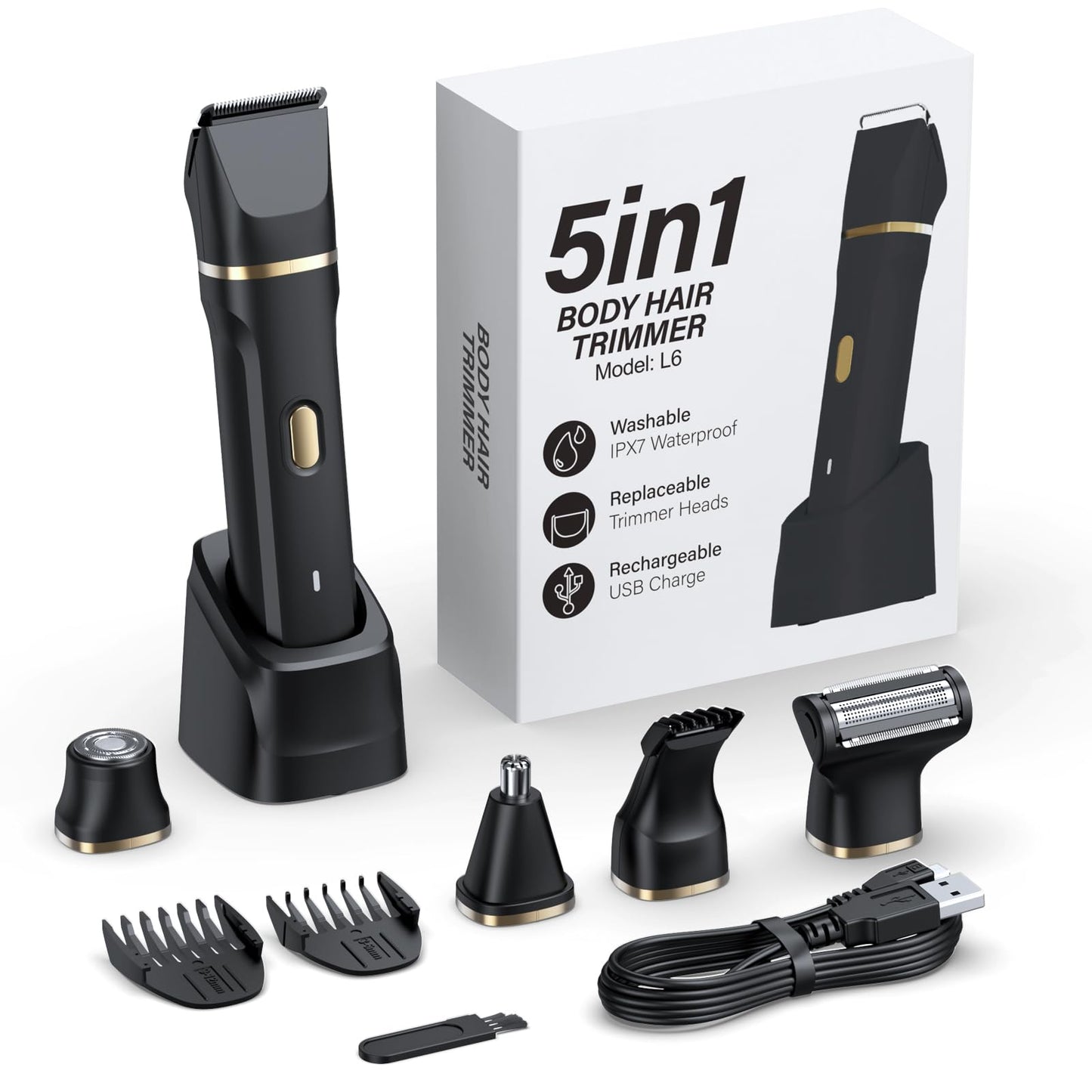 HOHOLE 5-in-1 Bikini Trimmer for Women, IPX7 Waterproof Electric Razors Shaver, Cordless Body Hair Trimmer, Facial & Pubic Hair Removal, Ceramic Blade (Black)