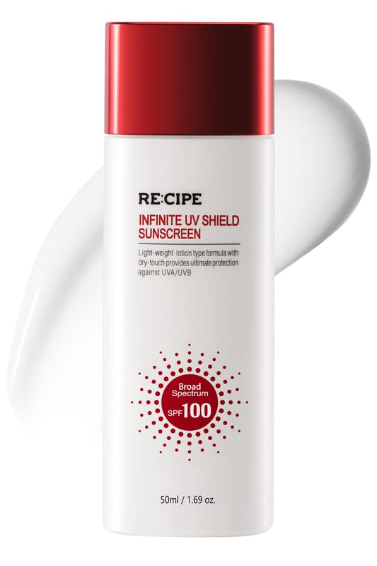 RECIPE Infinite UV Shield Sunscreen, SPF 100 Broad Spectrum, Korean Sunscreen, Korean Skin Care, Korean SPF, Lightweight Dry-Touch Lotion, 1.69 oz