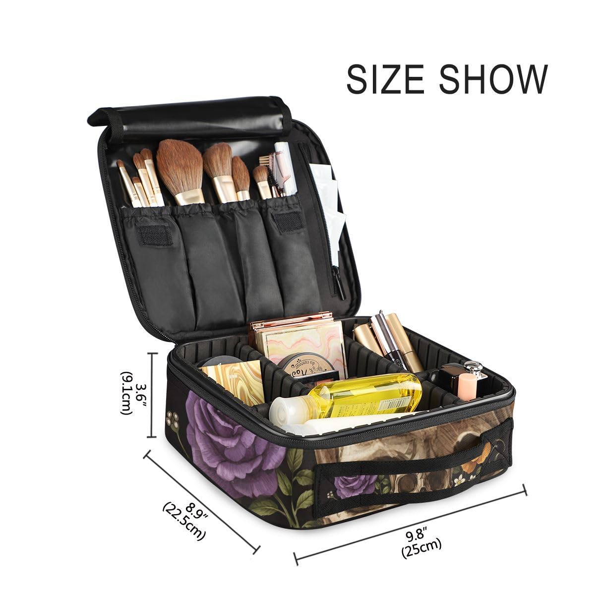 ALAZA Travel Makeup Case, Day of The Dead Skull Rose Humming Bird Dia Muertos Cosmetic toiletry Travel bag for Women Girls
