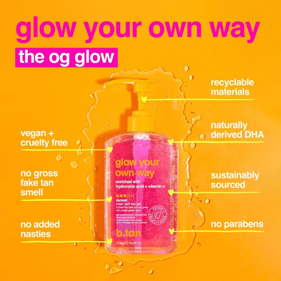 b.tan Best Clear Self Tanning Gel Kit | Glow Your Own Way Bundle - Ultra Dark, Quick Express Tanner for Face & Body with Applicator, No Transfer (Dark with Tan Eraser Scrub with Mitt)