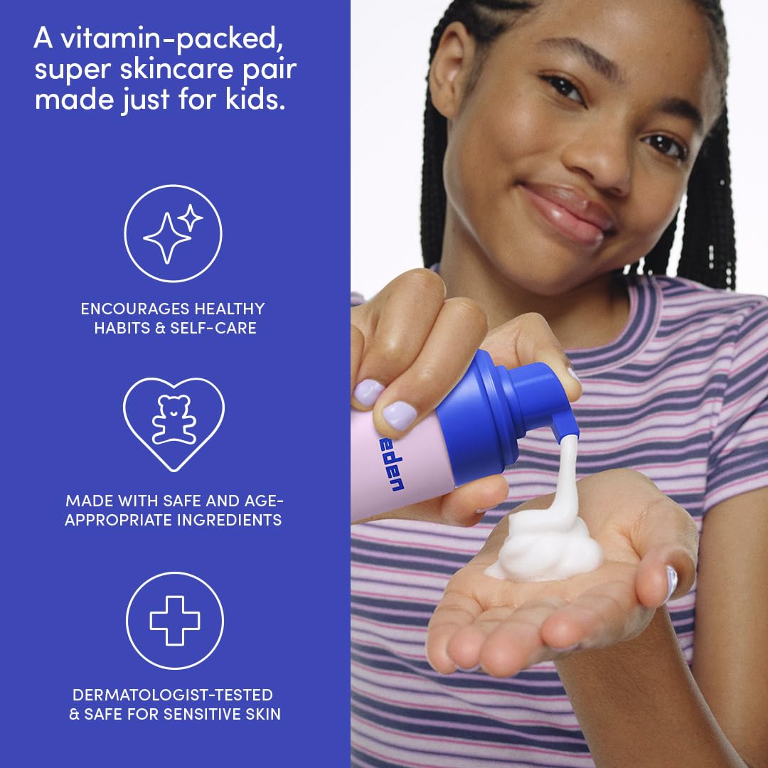 Evereden Happy Kids Skin & Lips Routine - Multi-Vitamin Face Wash & Face Cream Peach & Tinted Lip Oil Sakura Pink Set - Clean & Vegan Skin Care for Kids 3+ - Moisturizing, Nourishing, & Protective