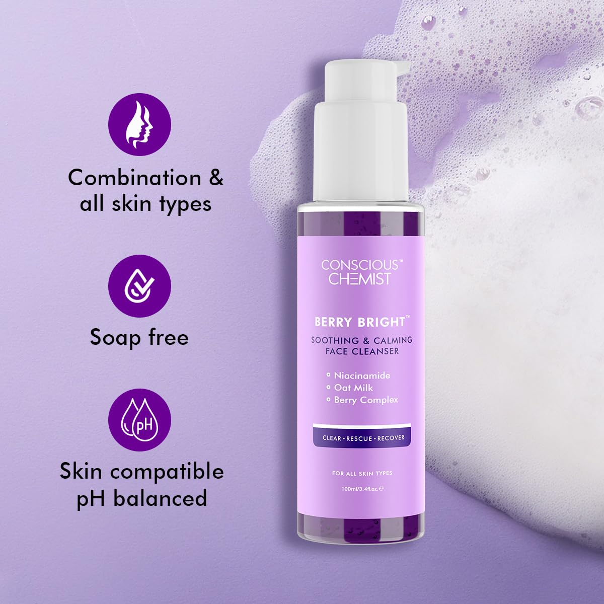 Conscious Chemist® Niacinamide Face Wash | 100ml | Pore Refining Brightening Cleanser for Women & Men with BlueBerry & AcaiBerry Extracts, Bright Clear Skin, Cruelty Free, All Skin Type - Berry Bright