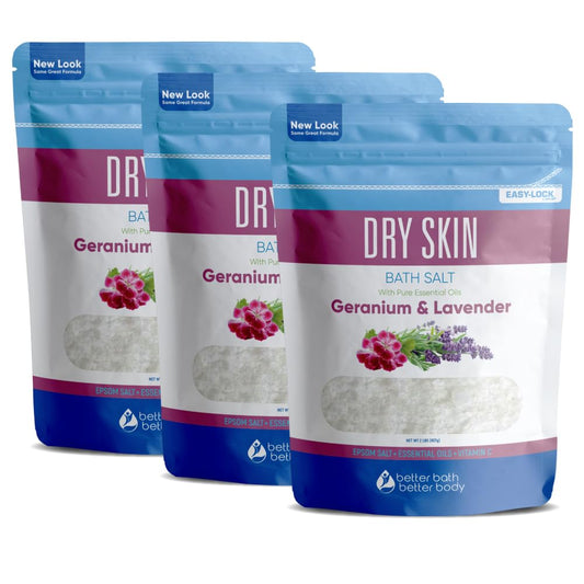 Dry Skin Bath Salt (3 Pack) Skin Soothing Epsom Salt with Pure Essential Oils in BPA Free Pouch with Press Lock Seal Made in USA Three 2 Lbs Pouches 6 Lbs Total