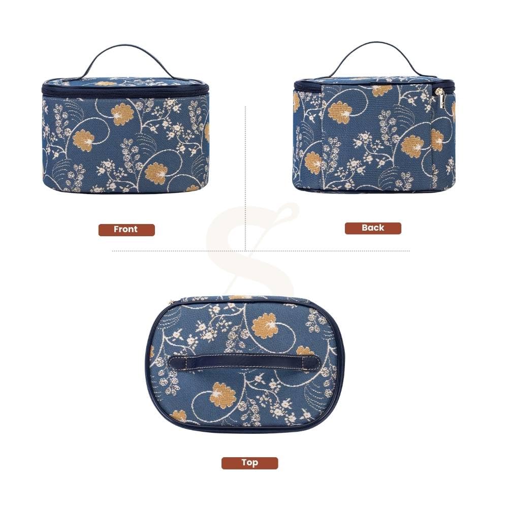 Signare Tapestry Toiletry Bag Makeup Organizer bag for Women with Jane Austen Blue Design (TOIL-AUST)